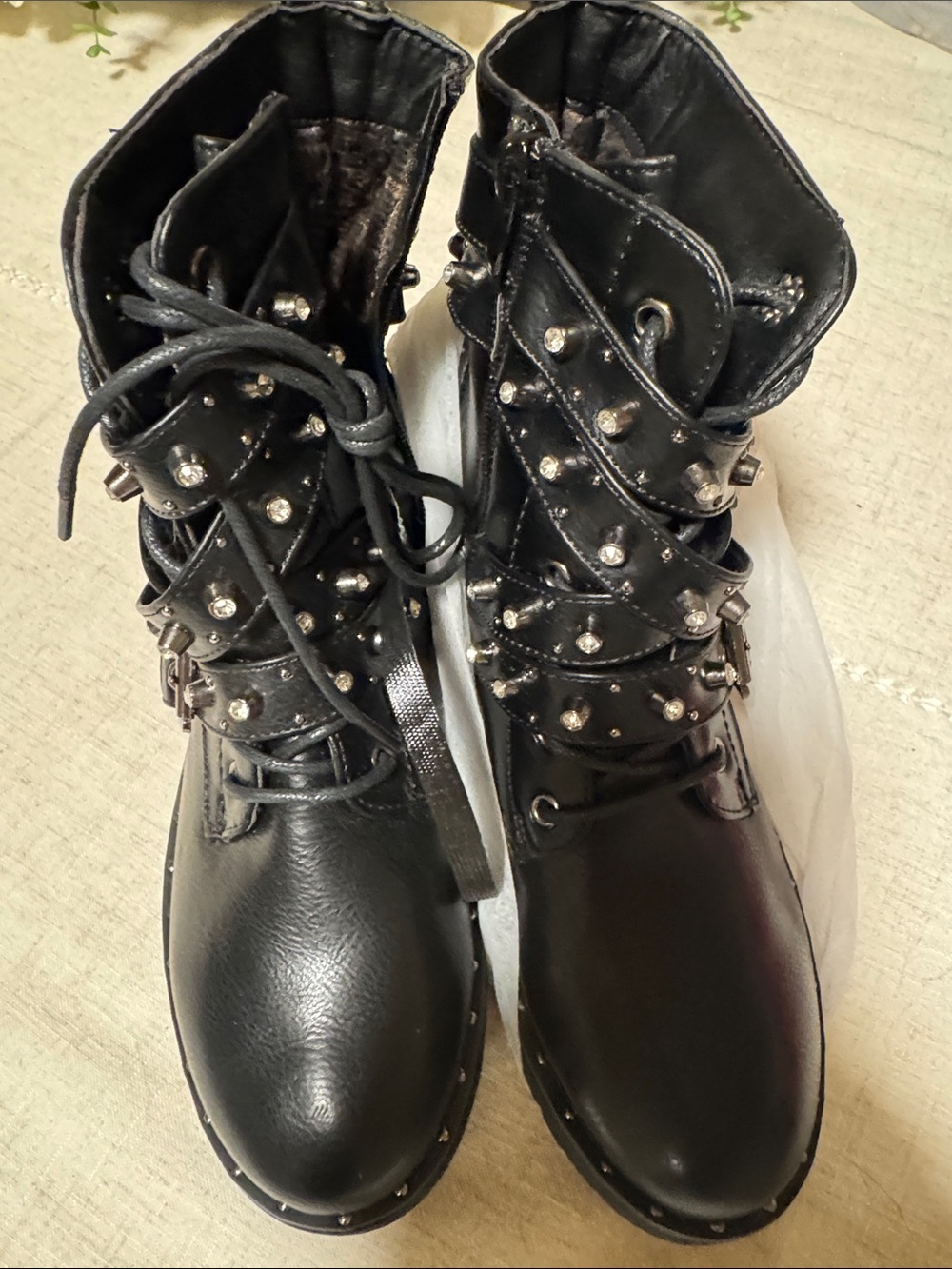 Black Studded Lace-Up Combat Boots with Metal Accents